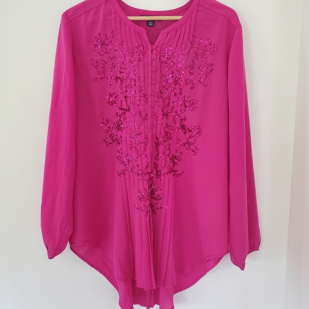 ROAMAN'S 20W Fuchsia Pink LS Tunic Top Flowy Sequins Pleats Chiffon Light EUC